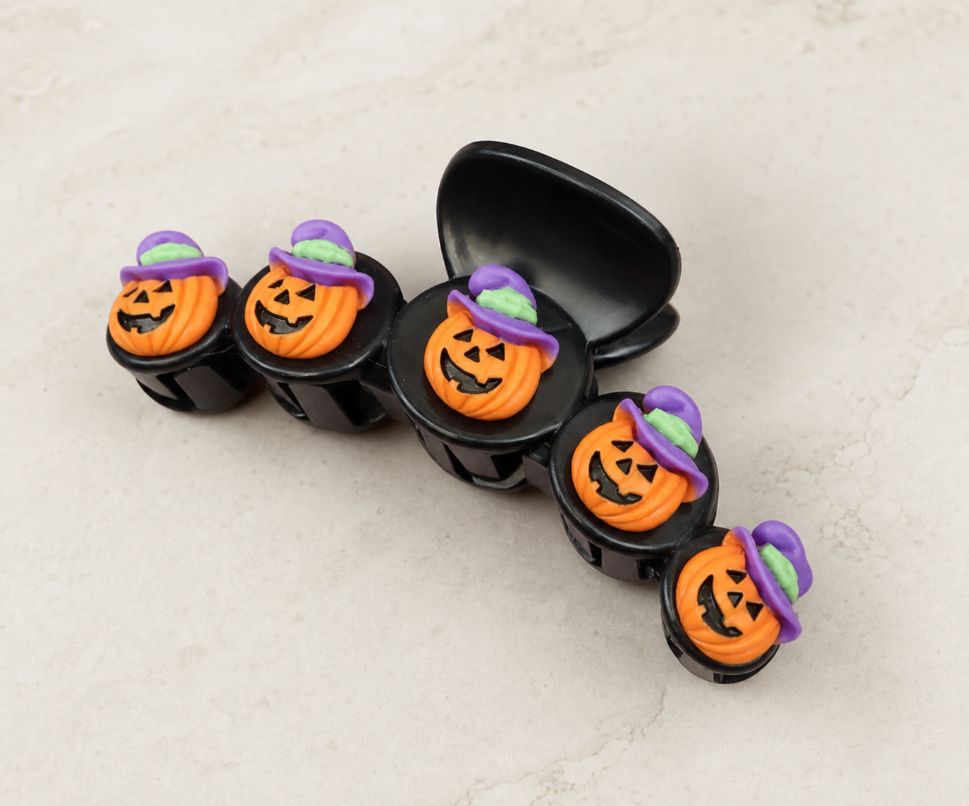 hair accessory, hair clip, claw clip, Halloween, pumpkin, jack-o-lantern, fall style, spooky style, orange, black, purple, green, seasonal accessory, party,Studio7Fashion