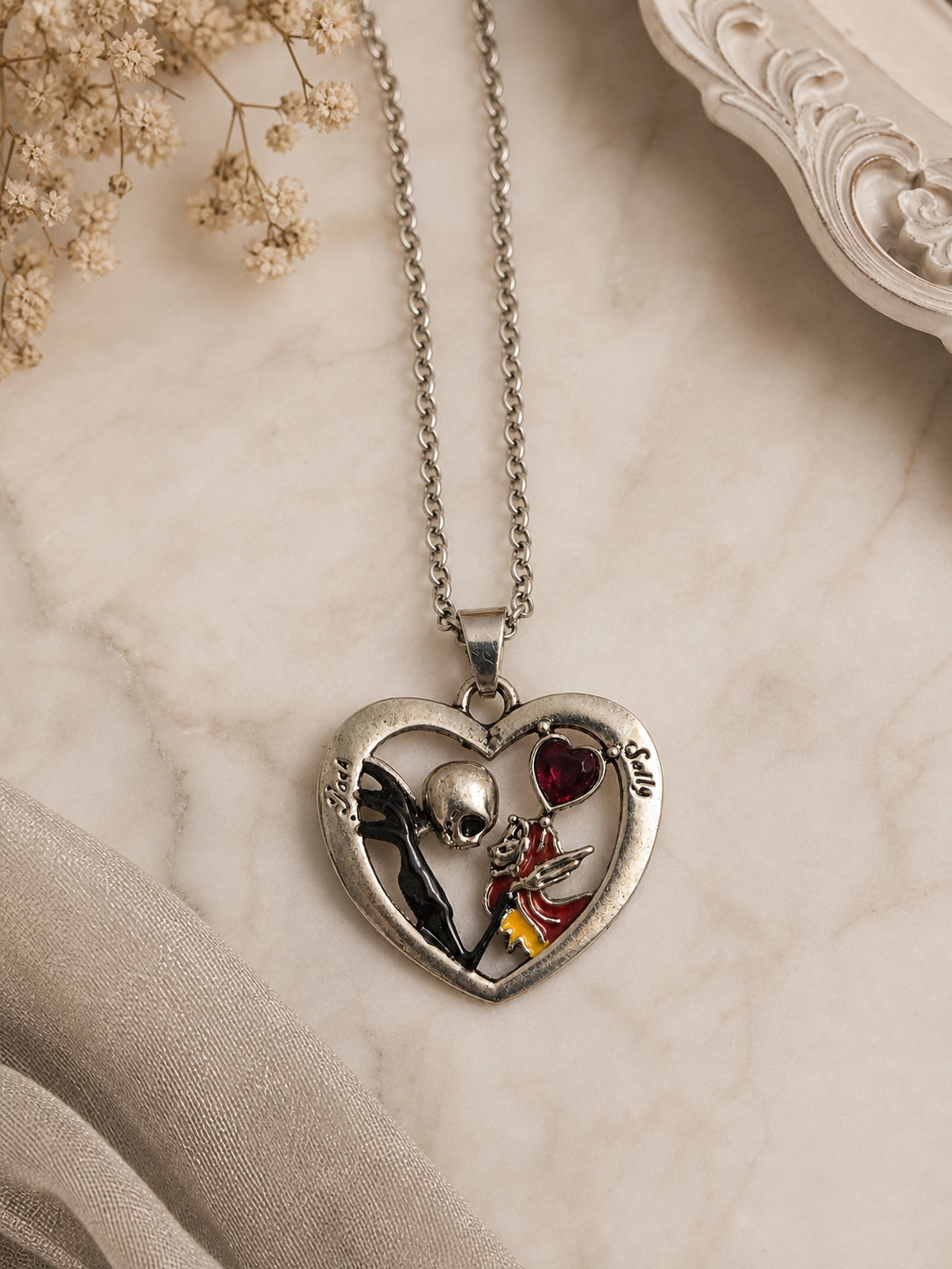 Silver-Tone Heart Pendant Necklace with Colorful Character Design,Studio7Fashion