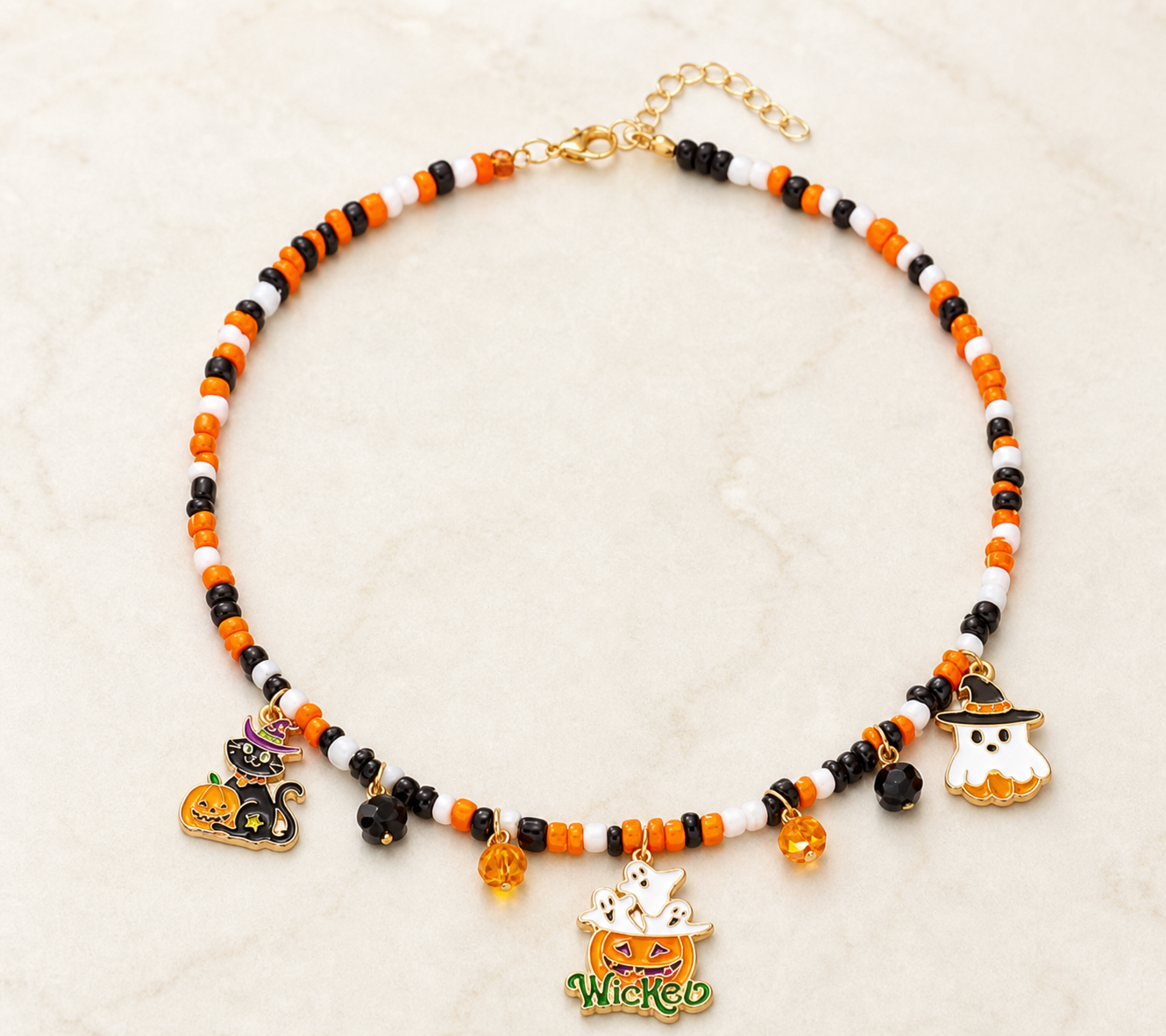 necklace, Halloween necklace, beaded necklace, charm necklace, Halloween jewelry, fall jewelry, orange jewelry, black jewelry, seasonal gift, party jewelry,Studio7Fashion