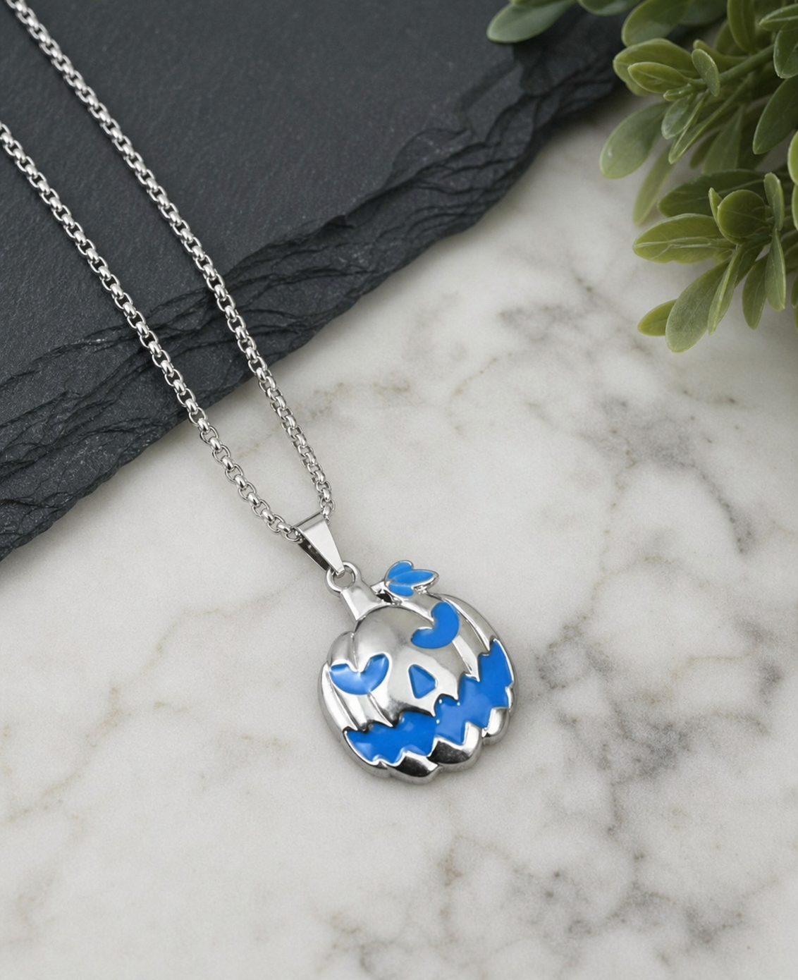 Blue and Silver-Tone Scalloped Pendant Necklace,Studio7Fashion
