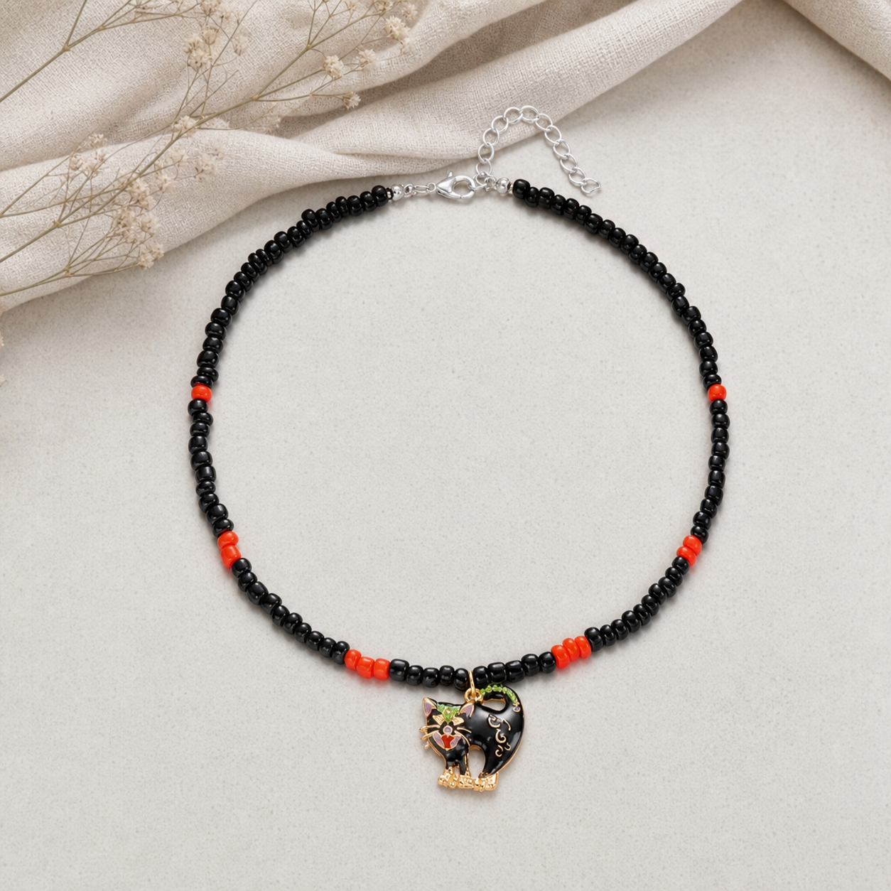 Black and Red Beaded Heart Pendant Necklace,Studio7Fashion
