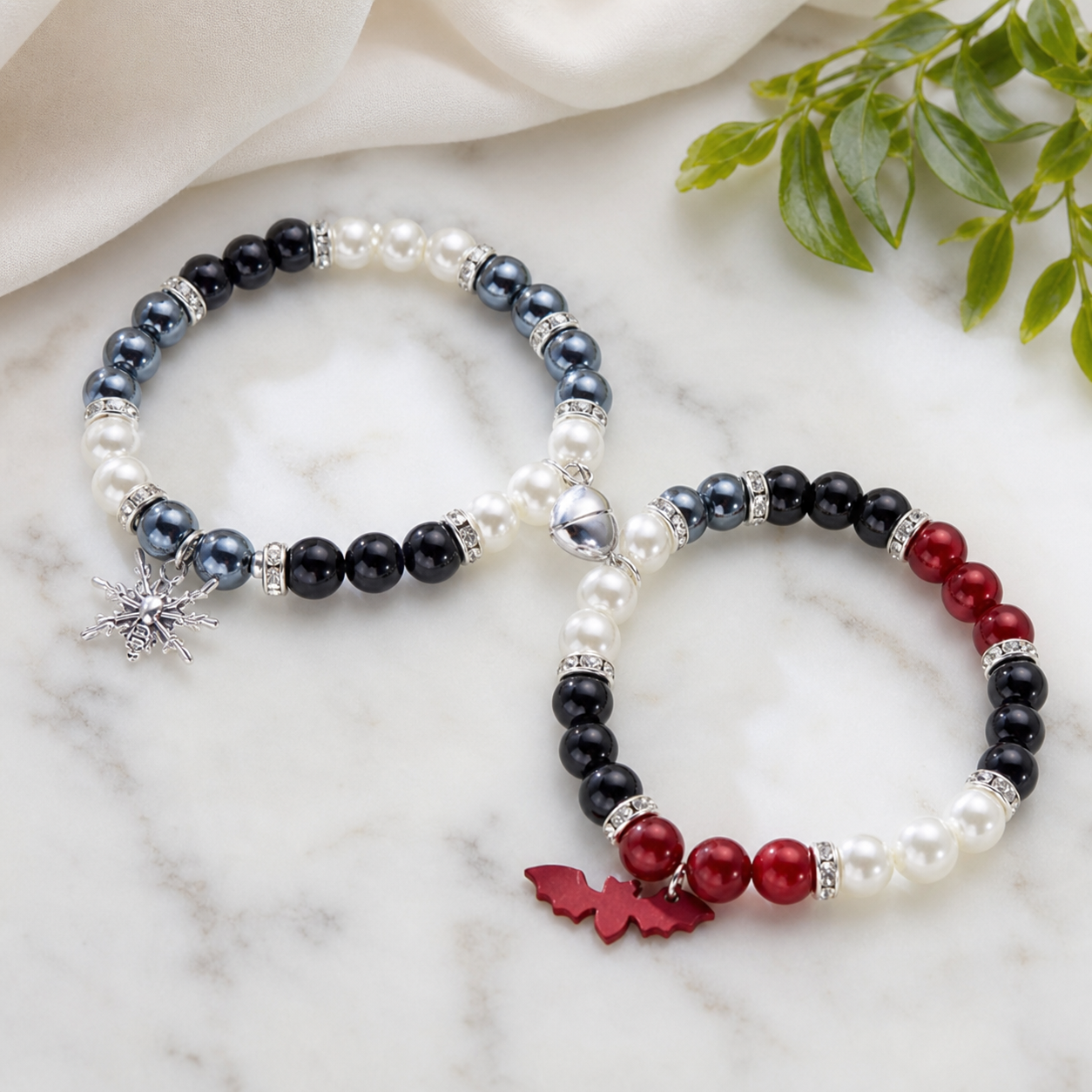 Black, White & Red Beaded Bracelet Duo,Studio7Fashion