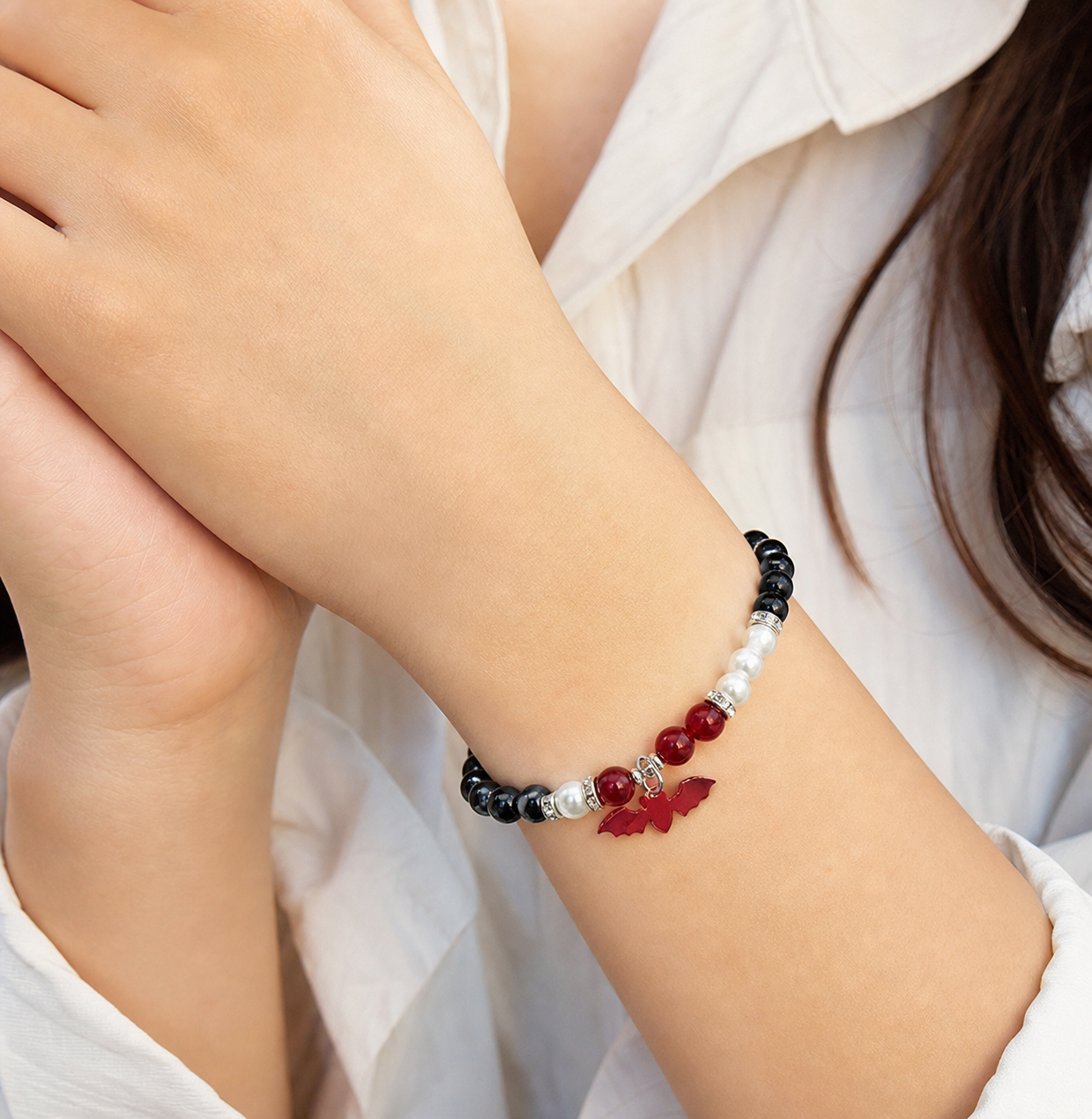 Black, White & Red Beaded Bracelet Duo,Studio7Fashion