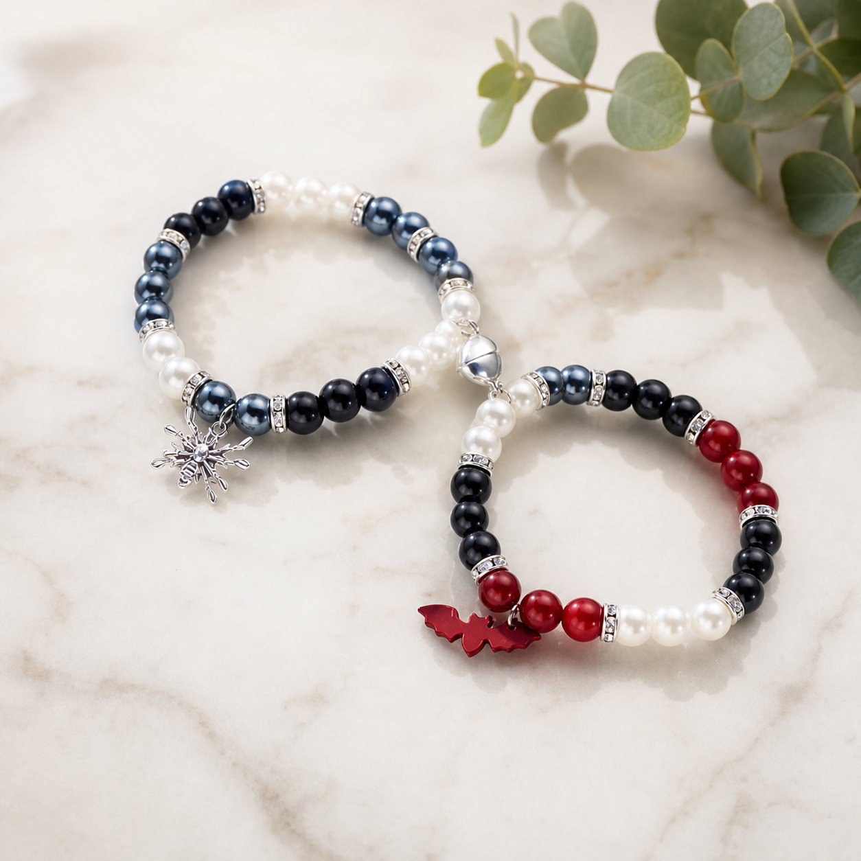 Black, White & Red Beaded Bracelet Duo,Studio7Fashion