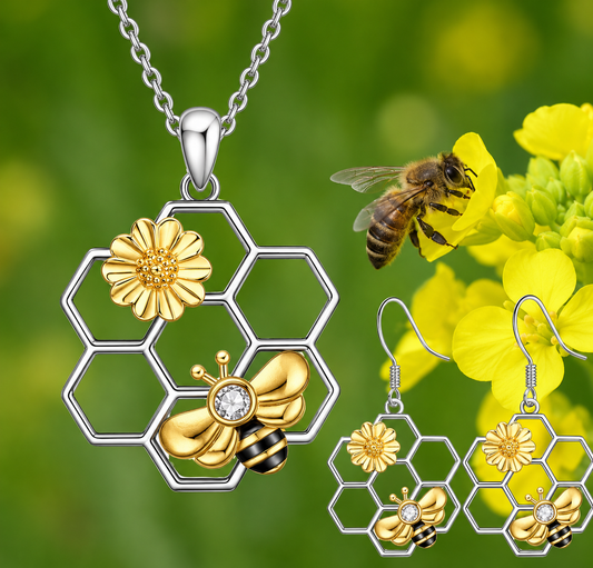 Floral Bumble Bee Necklace Earring Set