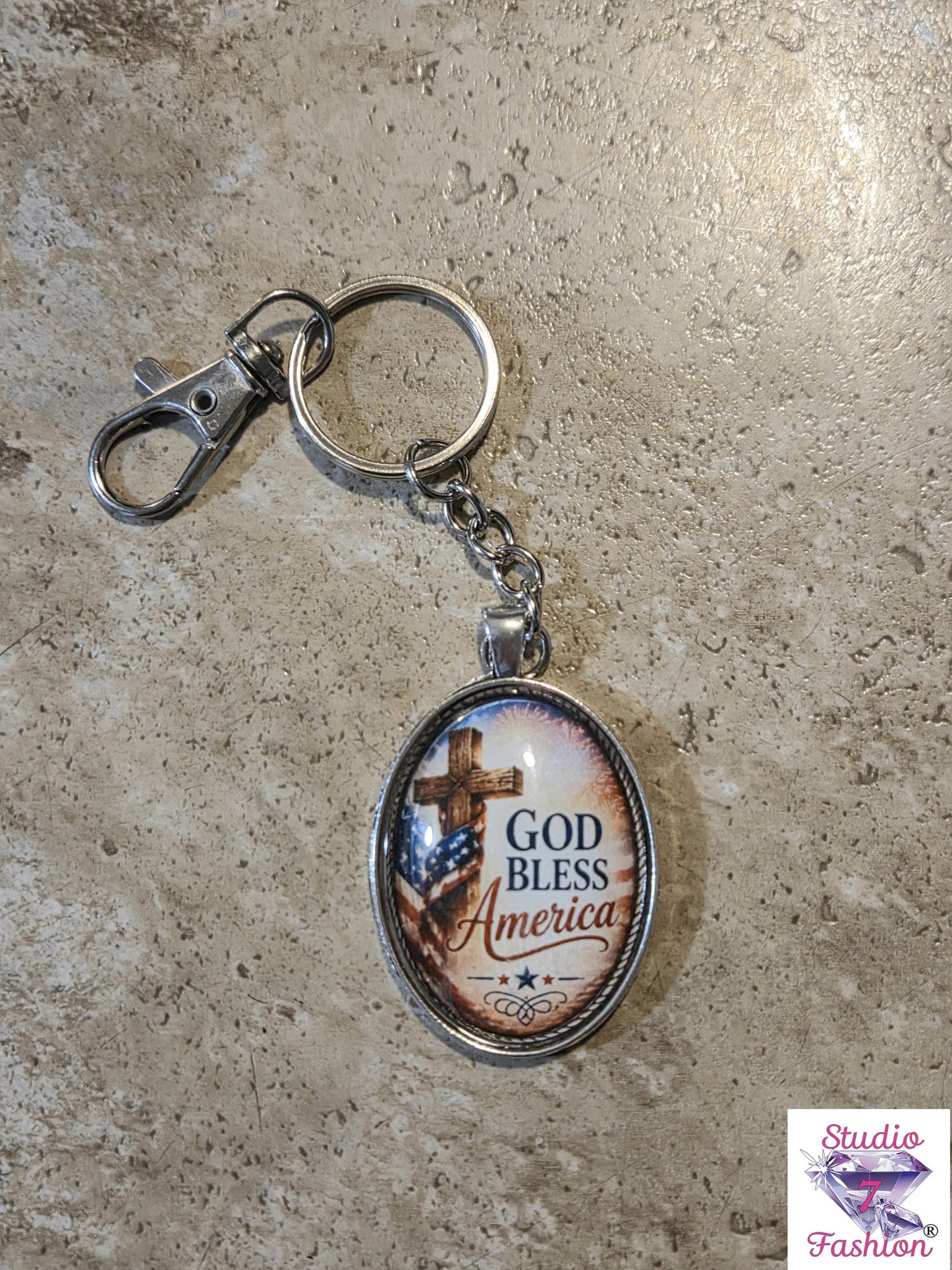 God Bless America Patriotic Cross Cabochon Keychain