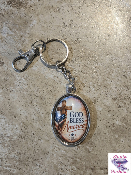 God Bless America Patriotic Cross Cabochon Keychain