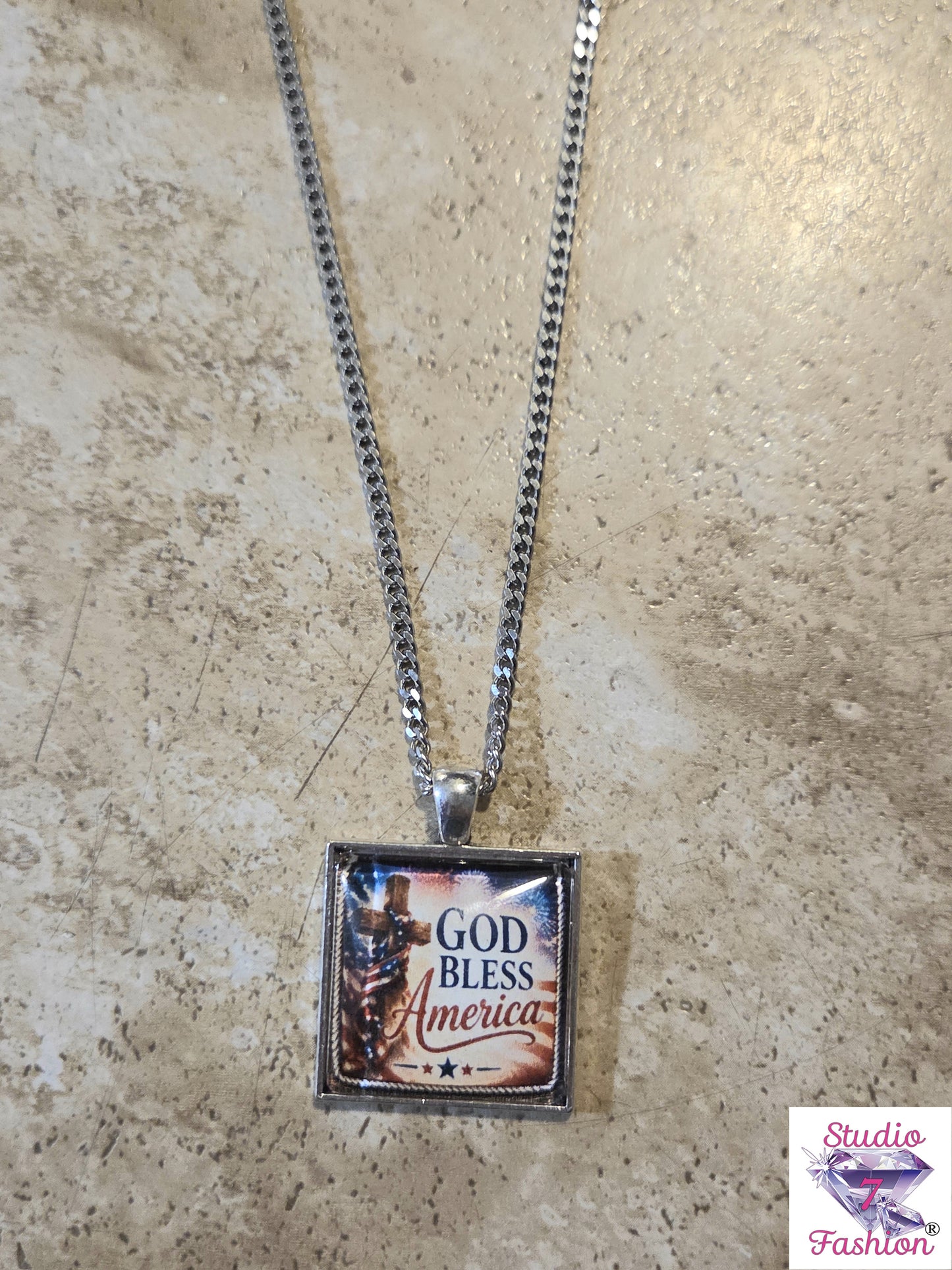 God Bless America Patriotic Cross Necklace Square