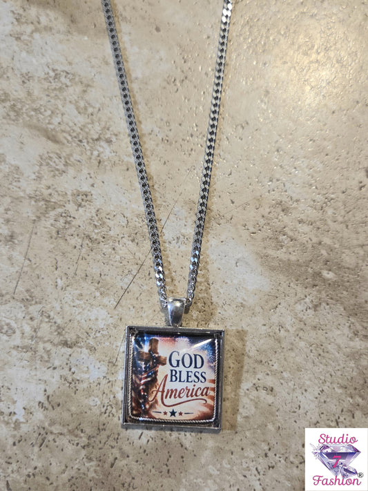 God Bless America Patriotic Cross Necklace Square