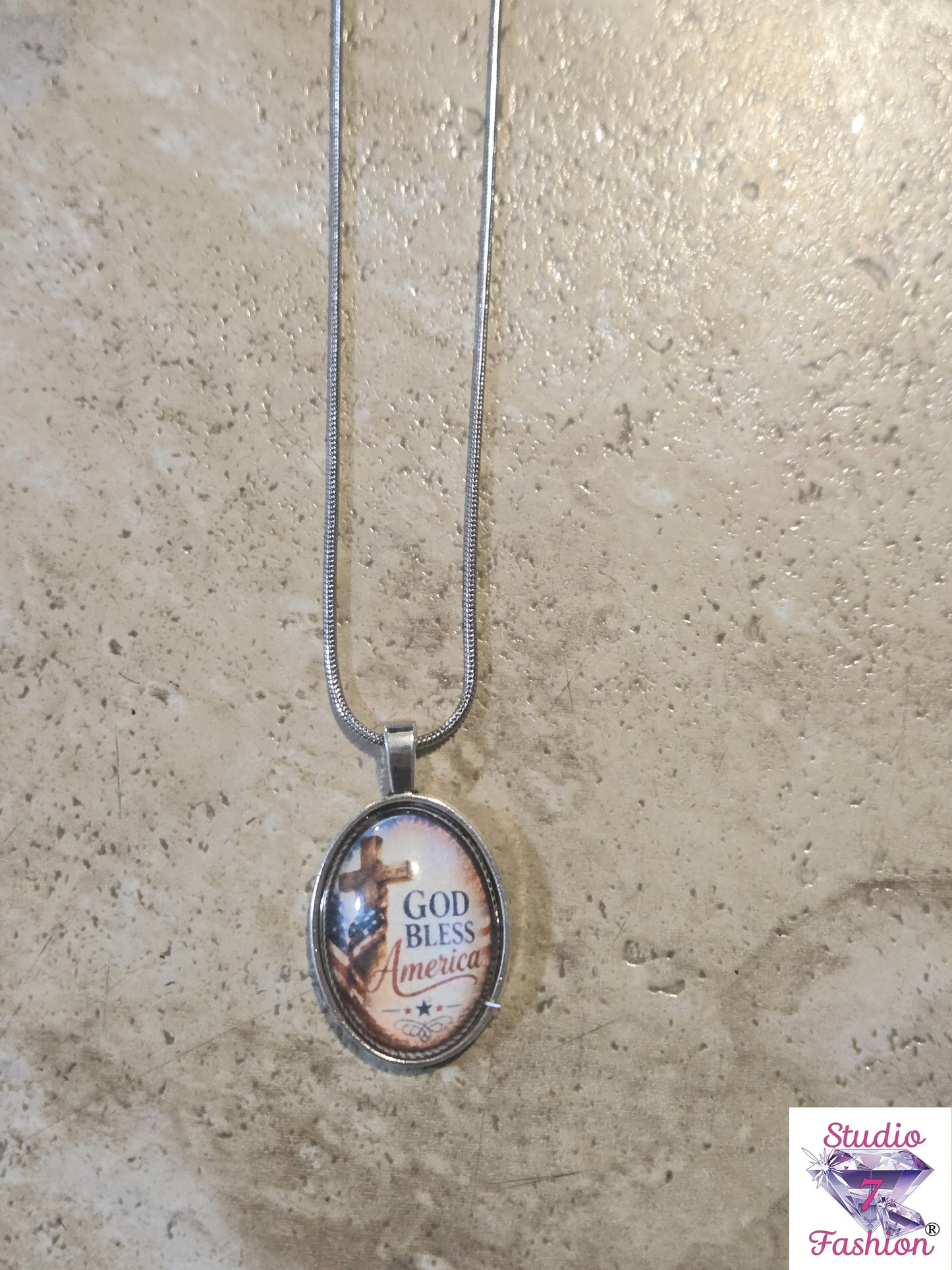 God Bless America Patriotic Cross Necklace Oval