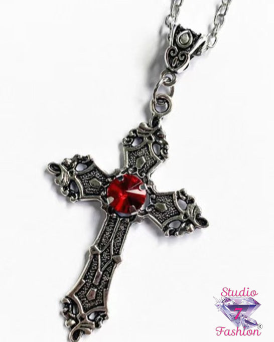Crimson Cathedral Cross Necklace