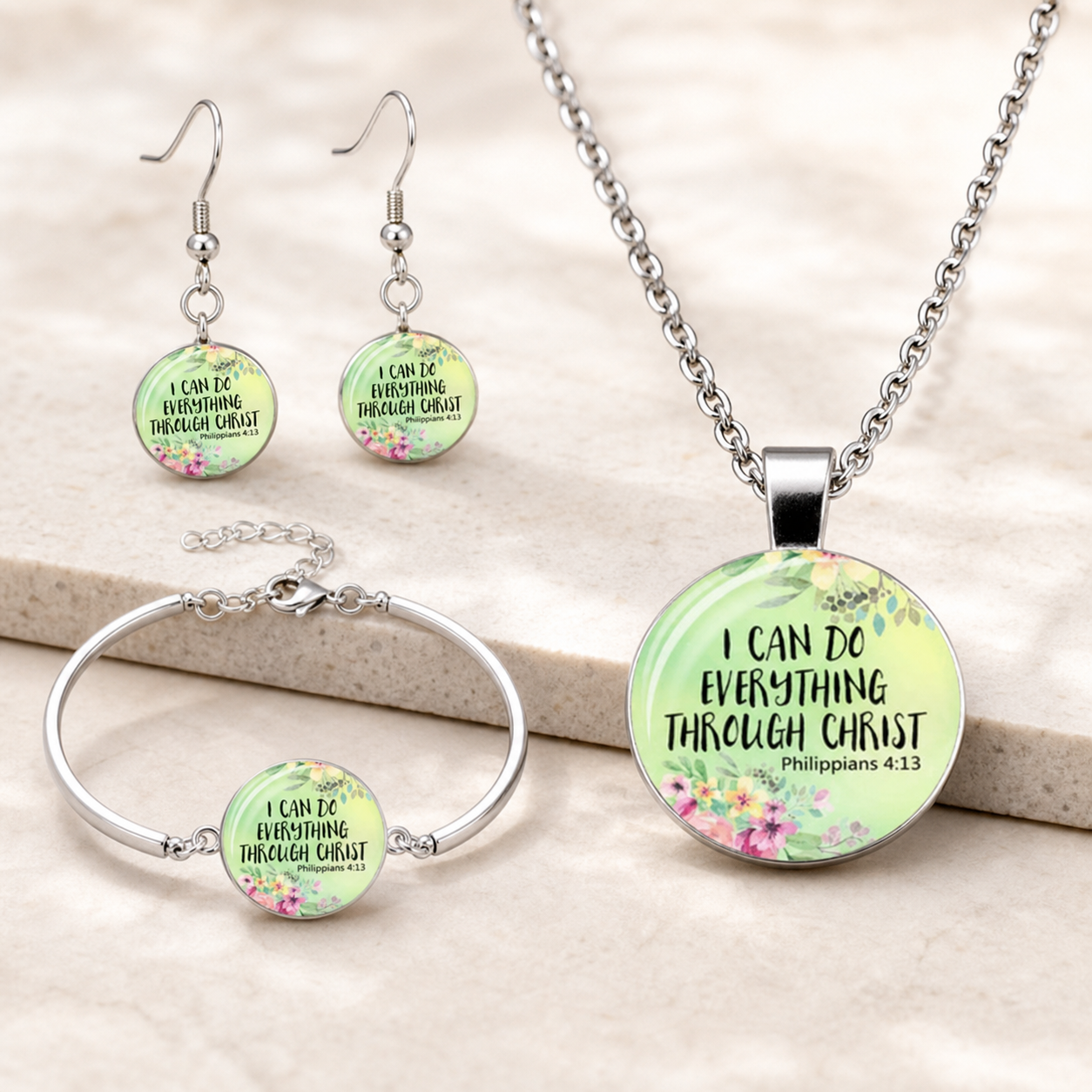 jewelry set, Christian jewelry, faith jewelry, Philippians 4:13, inspirational jewelry, floral jewelry, Christian gift, Bible verse jewelry,Studio7Fashion
