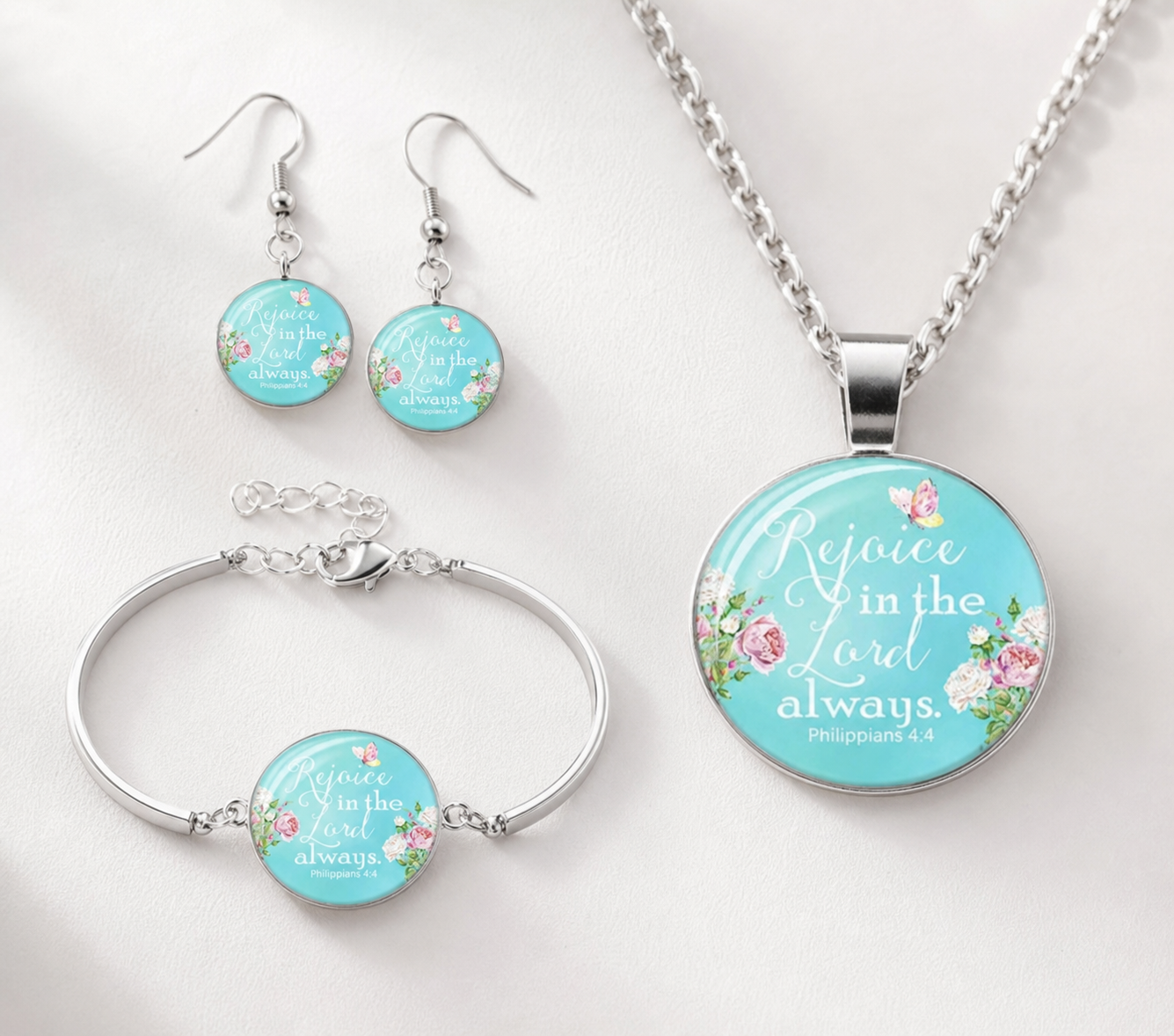 jewelry set, faith jewelry, Christian jewelry, scripture jewelry, Philippians 4:4, Rejoice in the Lord always, turquoise jewelry, floral jewelry, gift for her,Studio7Fashion
