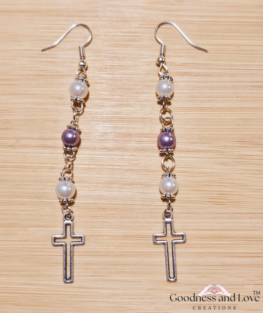 Vintage Purple and Pearl Cross Earrings