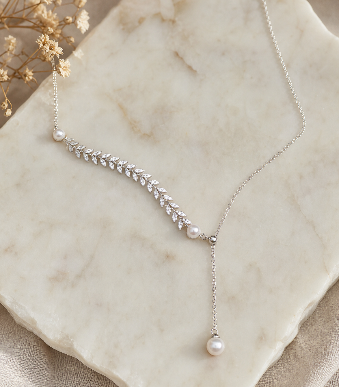 Silver-Tone Leaf Y-Drop Necklace with White Bead Accents,Studio7Fashion