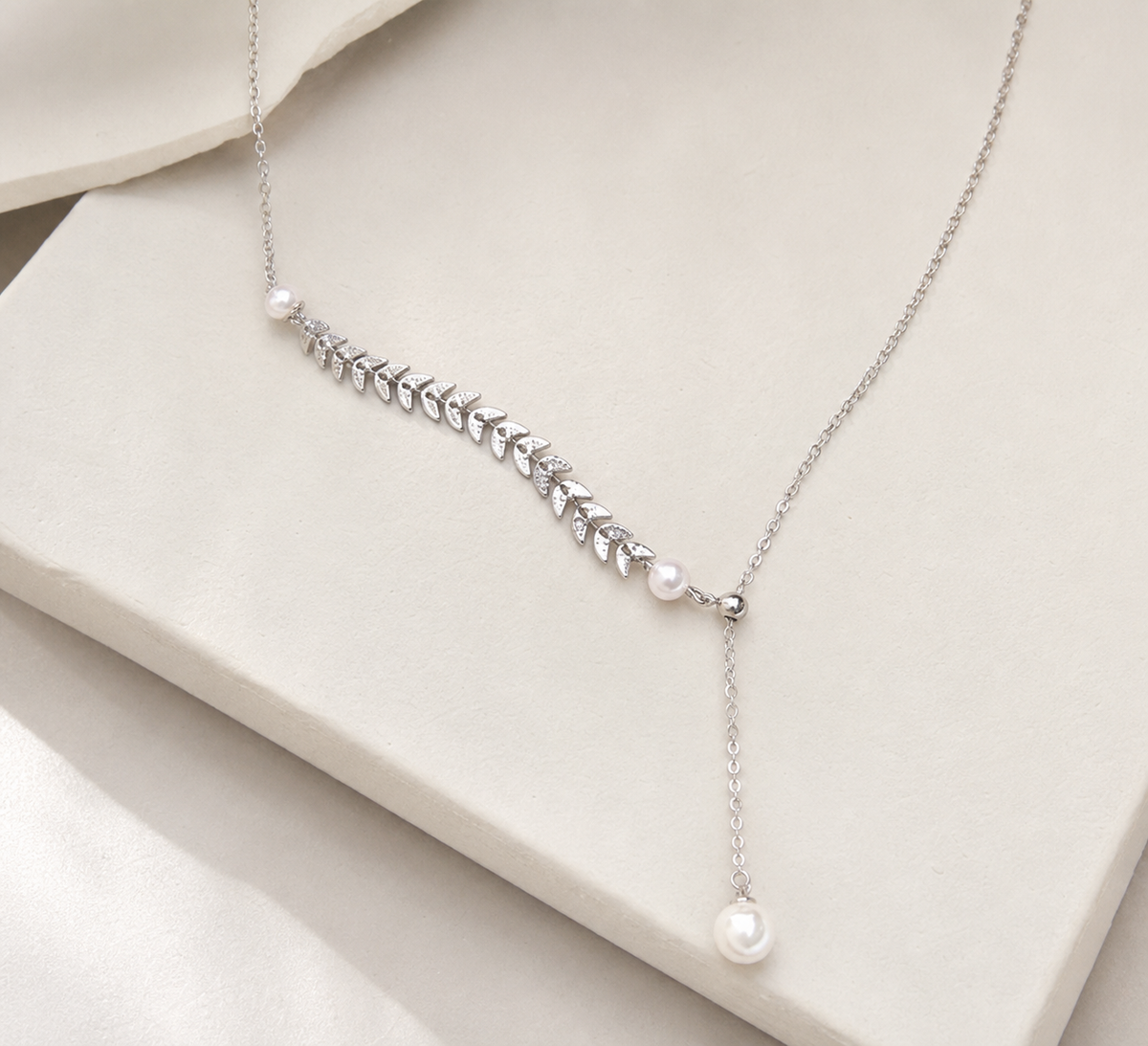 necklace, leaf necklace, Y-drop necklace, silver-tone jewelry, white bead jewelry, women's jewelry, everyday wear, gift,Studio7Fashion