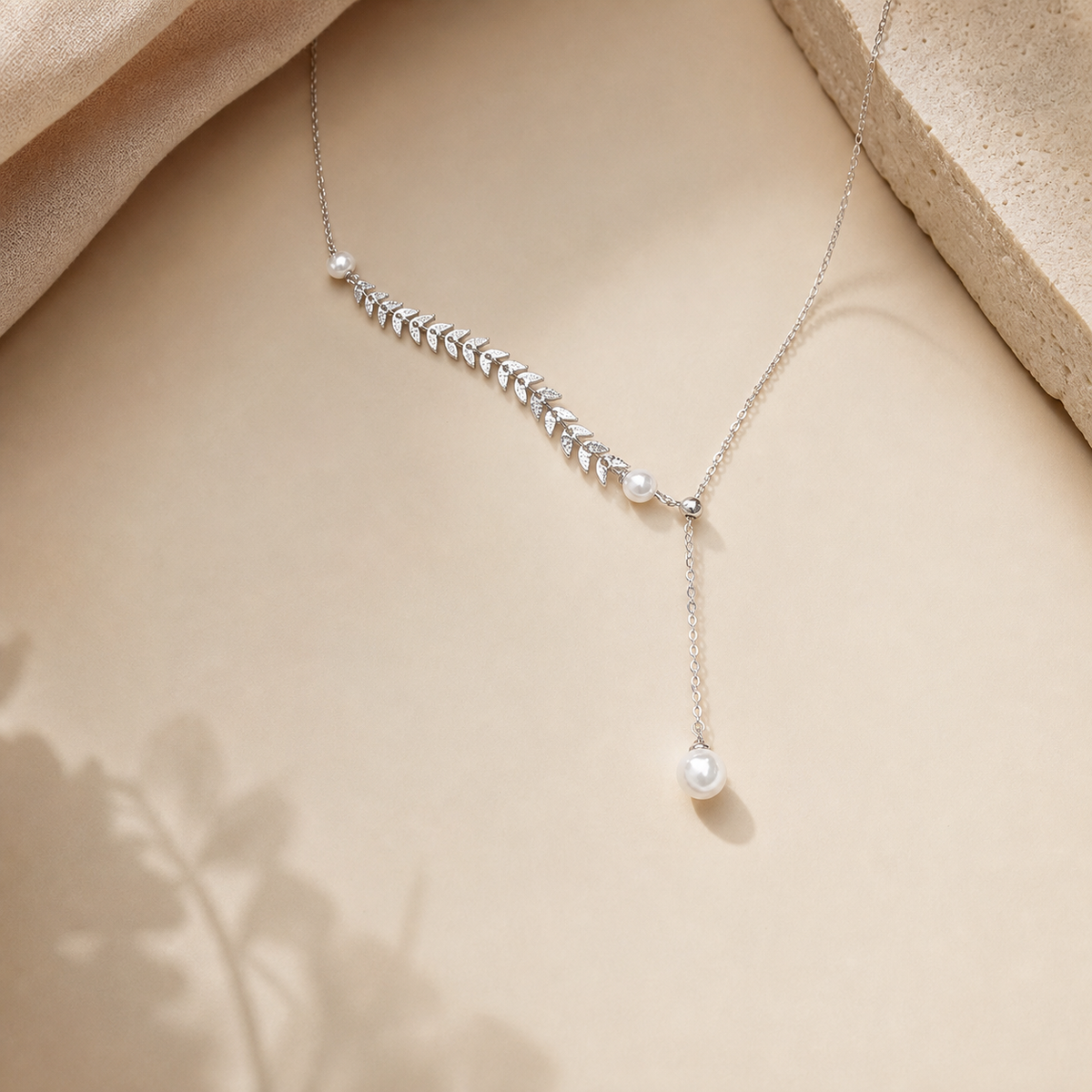 Silver-Tone Leaf Y-Drop Necklace with White Bead Accents,Studio7Fashion