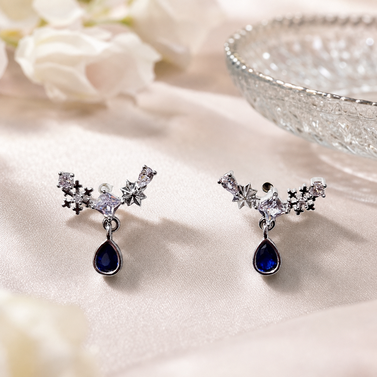Blue Teardrop Cross and Star Earrings,Studio7Fashion