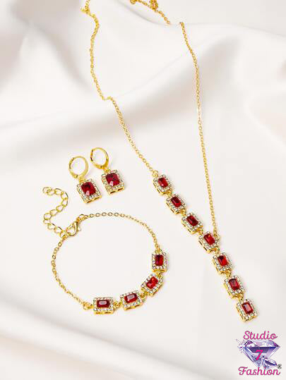 Ruby Rhinestone Gold Necklace Bracelet Earring Set