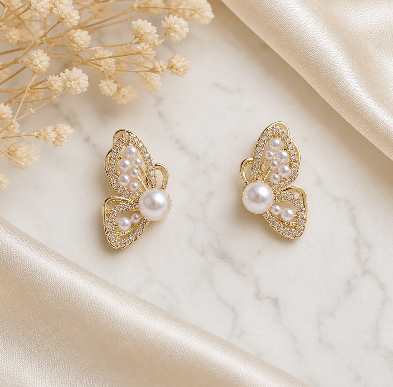 Gold-Tone Pearl Butterfly Earrings,Studio7Fashion