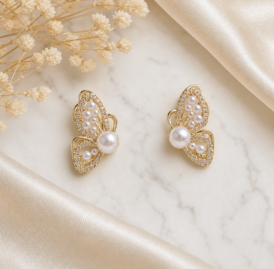 Gold-Tone Pearl Butterfly Earrings,Studio7Fashion