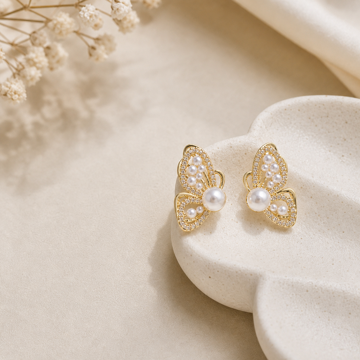 Gold-Tone Pearl Butterfly Earrings,Studio7Fashion