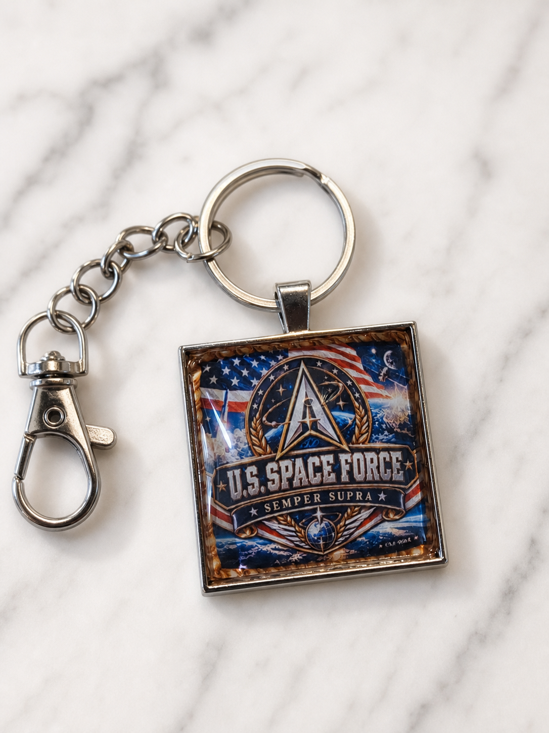 keychain, US Space Force, Semper Supra, patriotic, military accessory, red white blue, silver, veteran gift, patriotic gift, exclusive design,Studio7Fashion