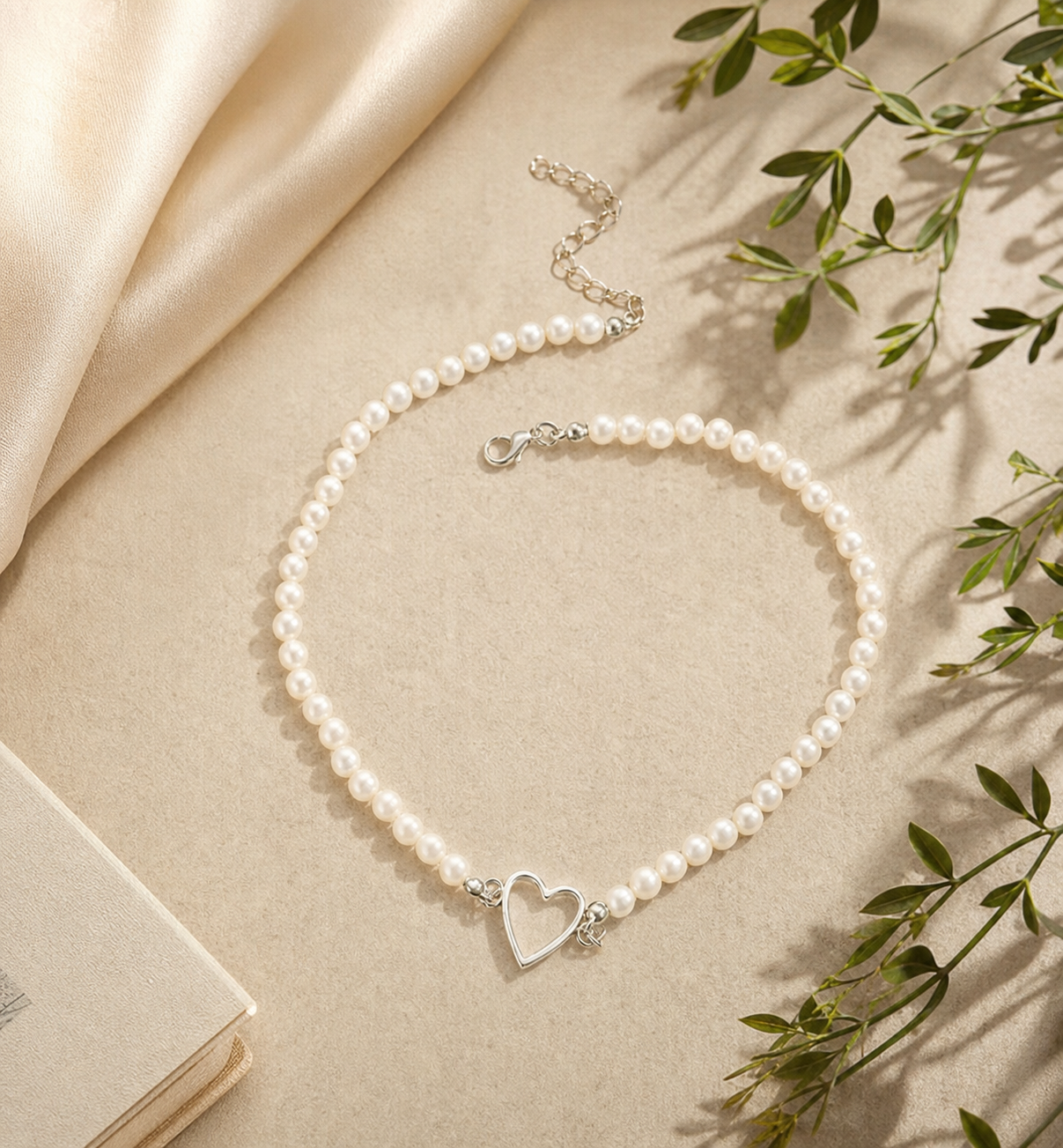 White Beaded Double Heart Necklace,Studio7Fashion