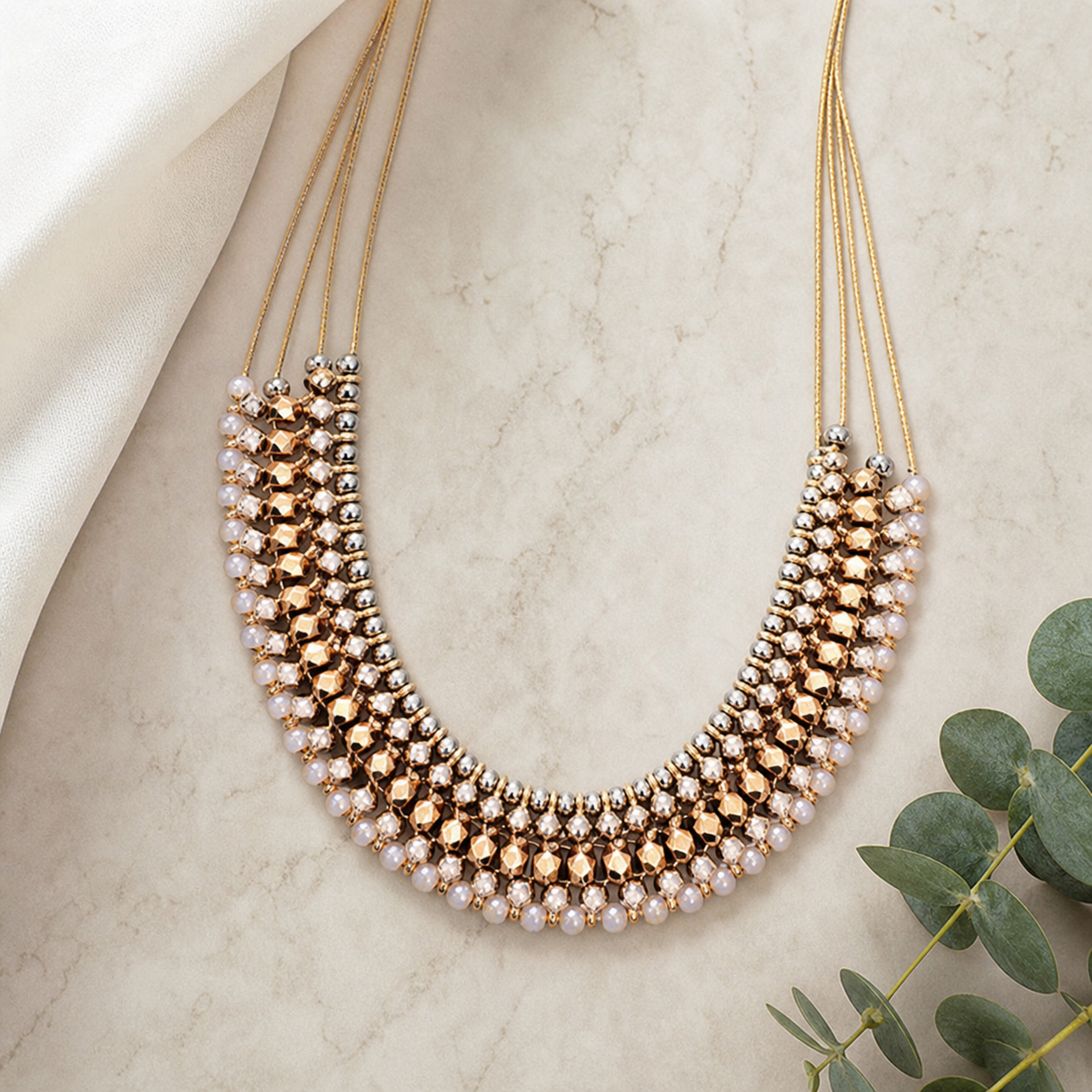 Layered Gold-Tone Beaded Statement Necklace,Studio7Fashion
