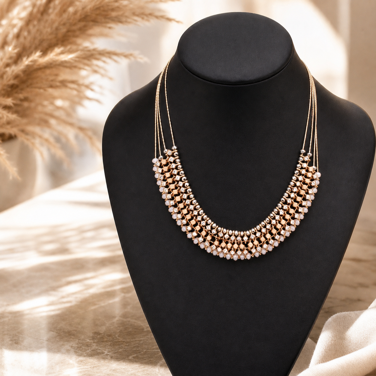 Layered Gold-Tone Beaded Statement Necklace,Studio7Fashion