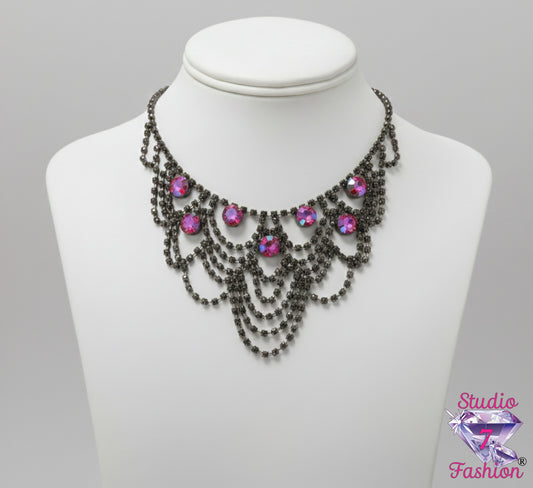 Fabulous Ebony Rhinestone and Iridescent/Purple Necklace
