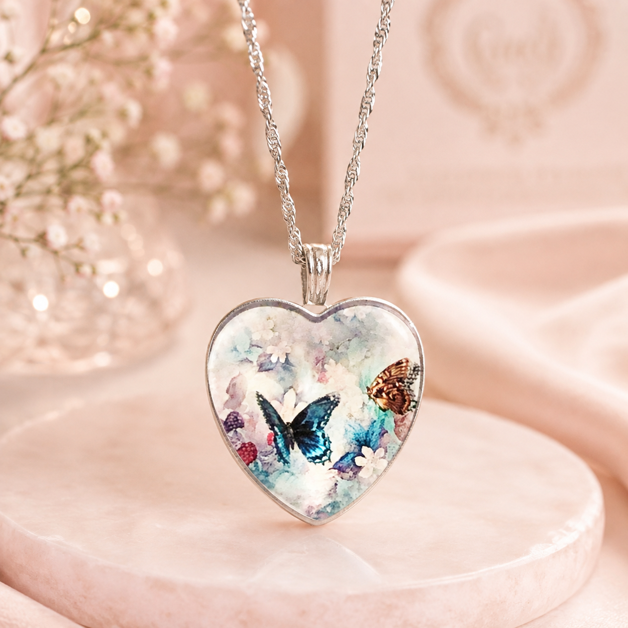 Frosted Heart Butterflies Necklace