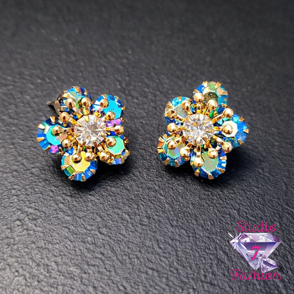 Iridescent Blue Floral Earrings