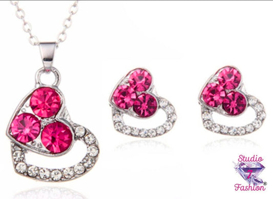 Ruby Rhinestone Double Hearts Necklace Earring Set