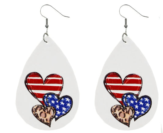 Hearts Patriotic Teardrop Wooden Earrings